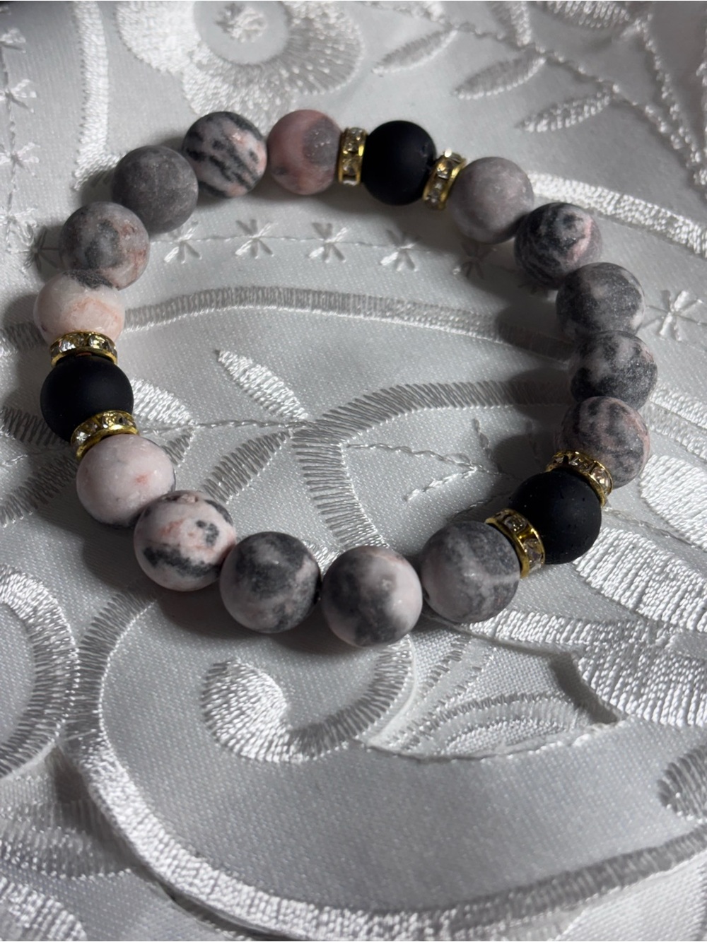Pink Zebra and Black Beaded Stretch Bracelet with Gold Accents 7.5 inches